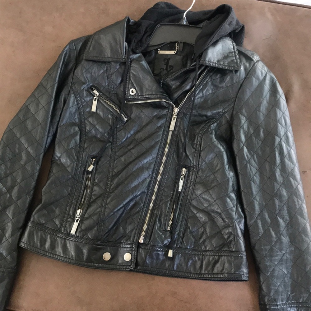 🐙Black leather jacket with detachable hood